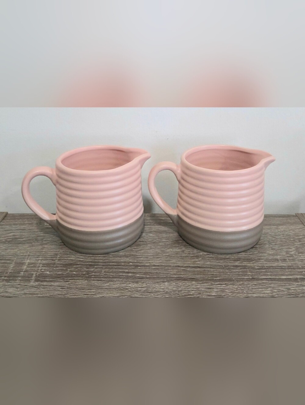 Set of 2 Ribbed Ceramic Mugs Two-tone Design with Pastel Pink/Grey Bottom 3.5".